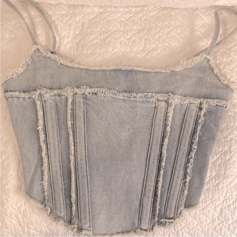 Revolve Light Blue Denim Corset Top - Raw Edges Zip Closure Straps, Med to Large - Picture 2 of 4